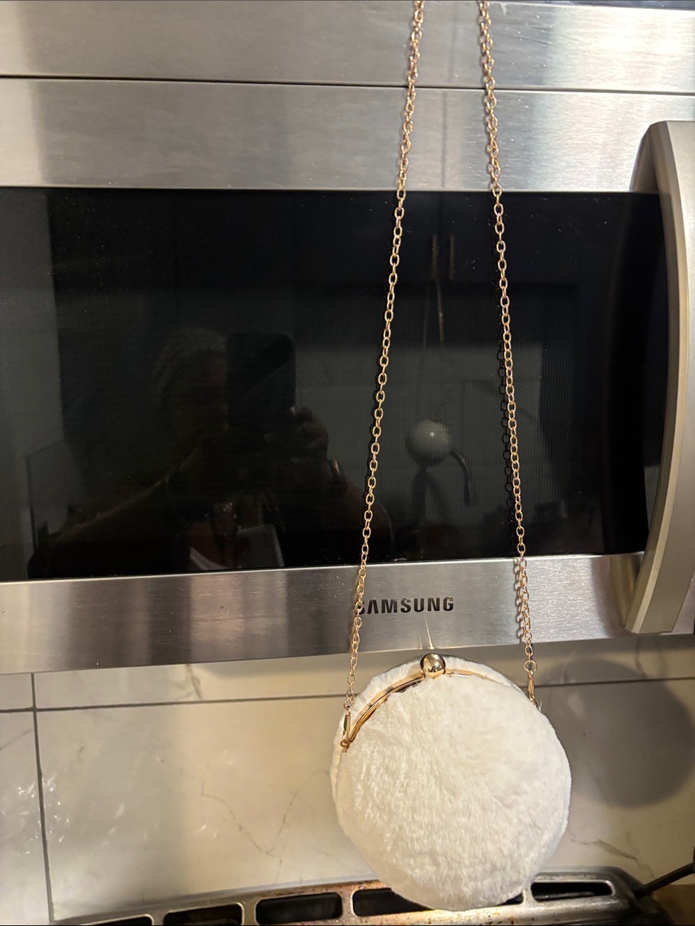Magnolia Pearl White Faux Fur Round Mini Bag with Gold Chain